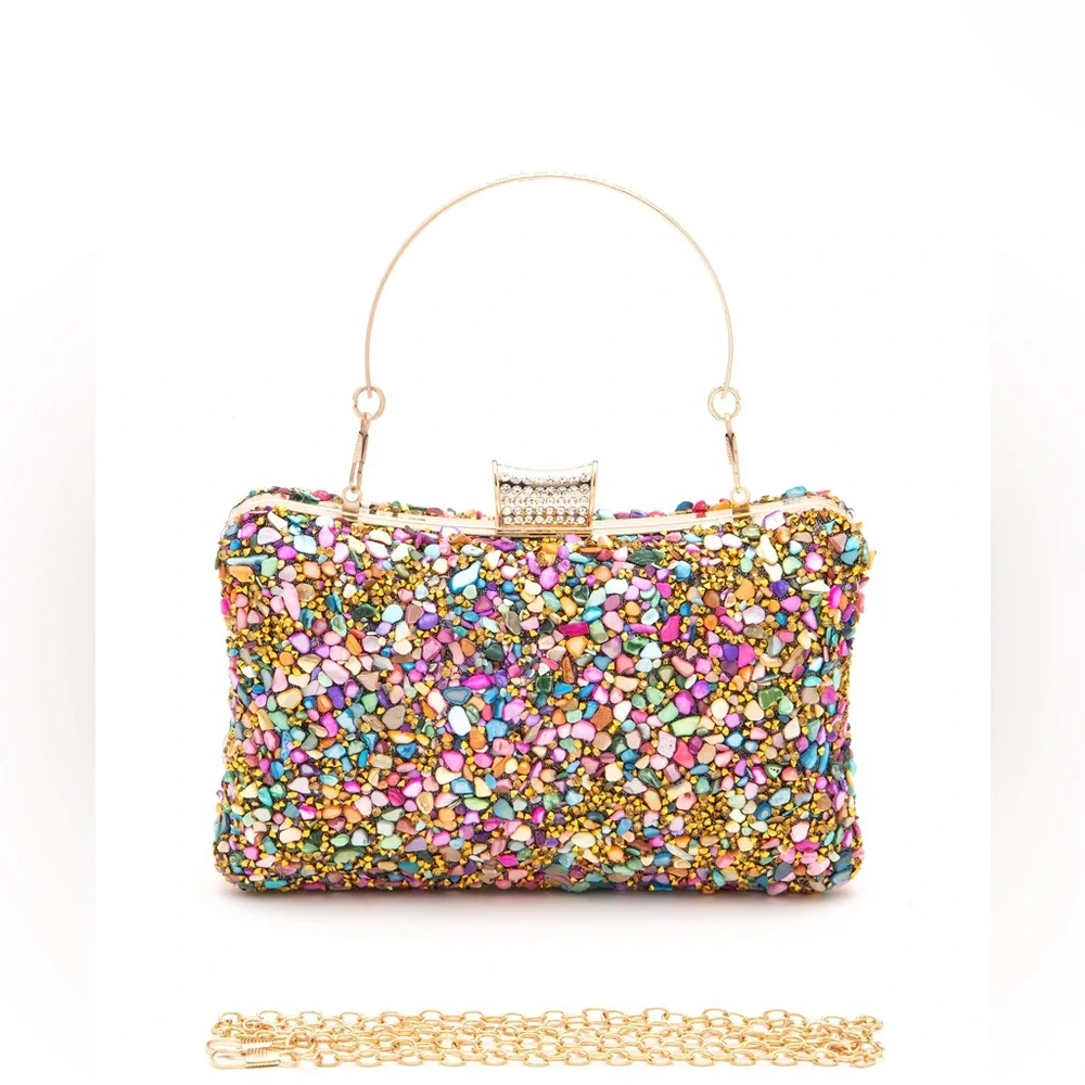 Multicolor Mix Druzy Gold Clutch Bag